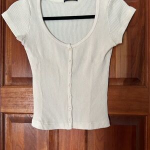 Brandy Melville Cream Ribbed Cap Sleeve Button Down